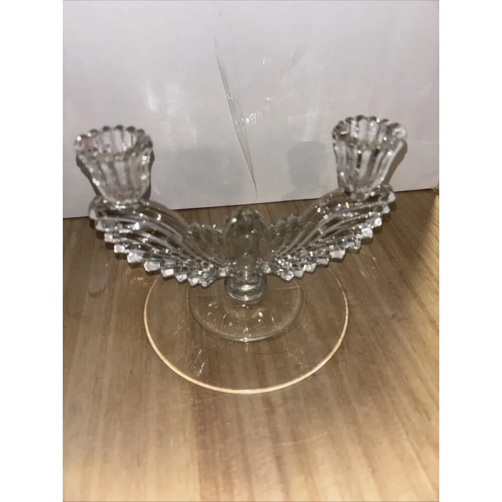 Set Of Two Art Deco Pressed Glass Winged Double Candle Holders Clear Angel Bird